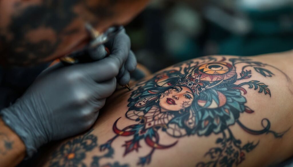 tatuador trabajando en tatuaje colorido con retrato y flores en brazo de cliente durante sesion detallada en estudio