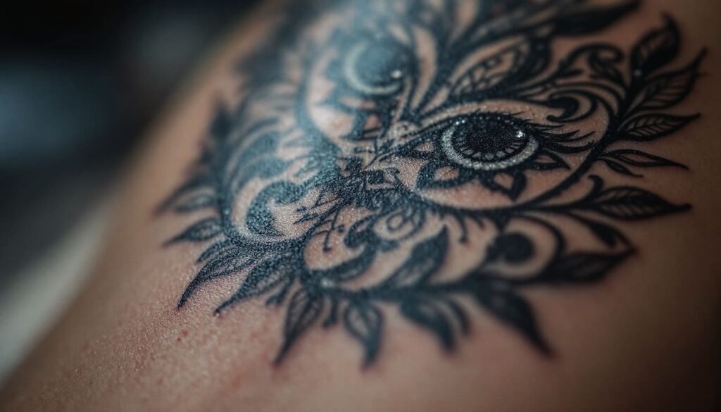 tatuaje negro con diseno de ojos y elementos decorativos en zona del hombro o espalda enfocado en detalles y textura